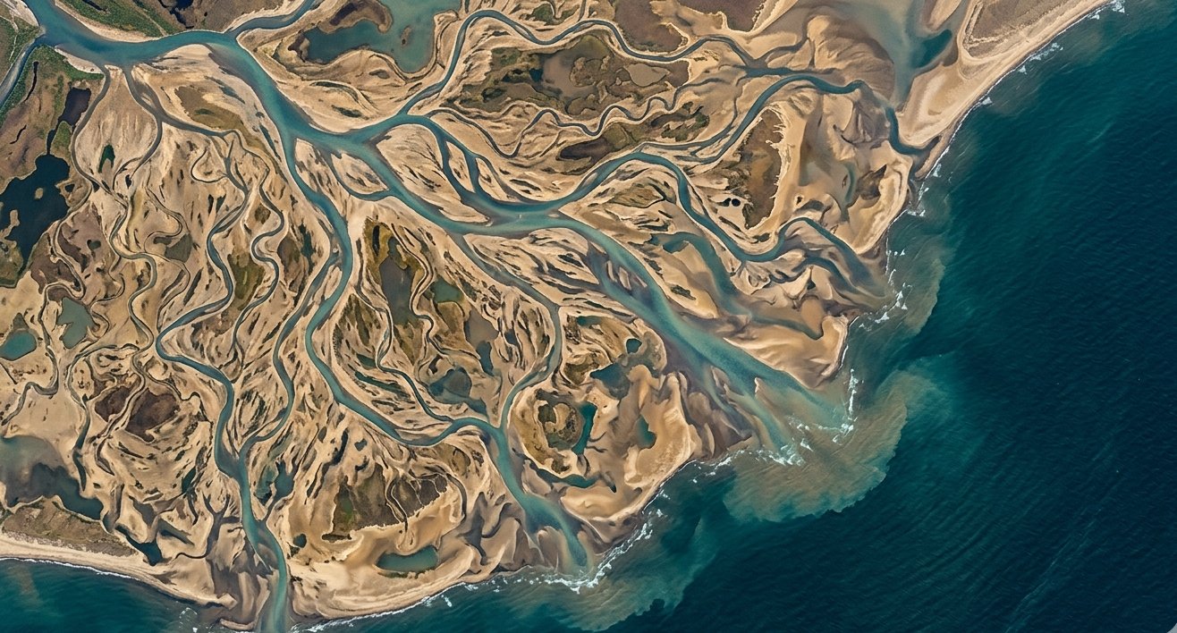Aerial view of river delta and flood channels meeting the ocean