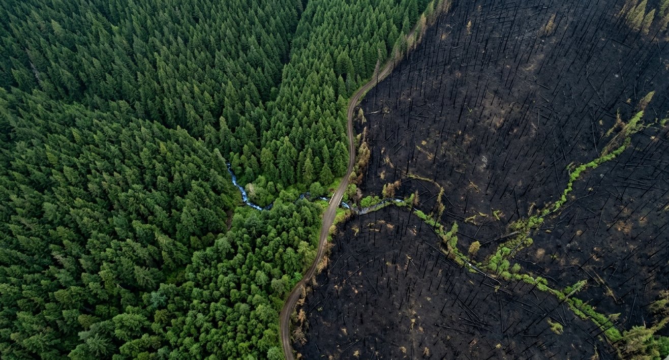 Aerial view of forest bordering burned landscape showing resilience contrast